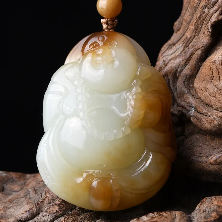 天然和田玉俏糖色大肚弥勒佛佛公吊坠笑佛玉坠项链