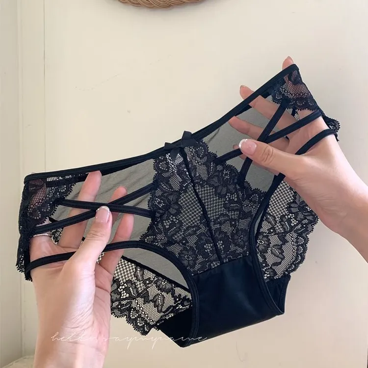 法式镂空交叉内裤女士蕾丝透气网纱透明无痕低腰镂空透气女三角裤