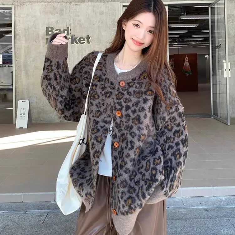 复古豹纹长袖开衫毛衣外套女春秋2025新款美式气质宽松高级感上衣