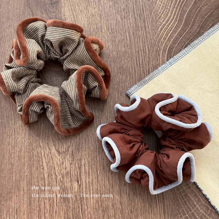 复古丝绒条纹花边大肠发圈女秋冬扎头发头绳气质低马尾丸子头发绳