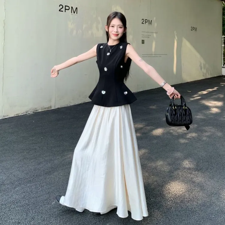 法式复古无袖黑色手工珠花背心女2025夏季新款修身气质收腰半身裙