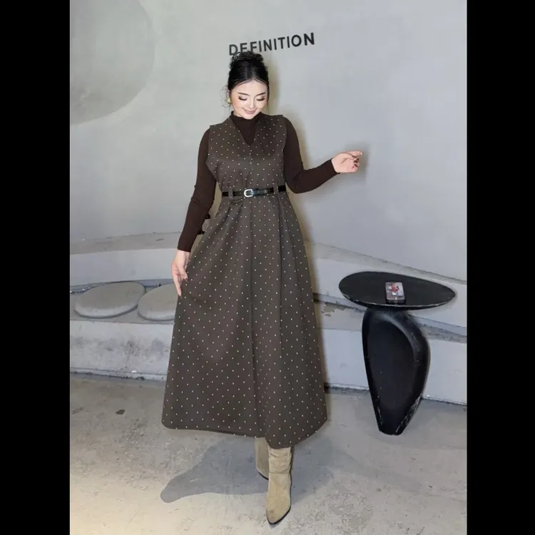 Rayhon复古印花中长款收腰显瘦冬季背心连衣裙