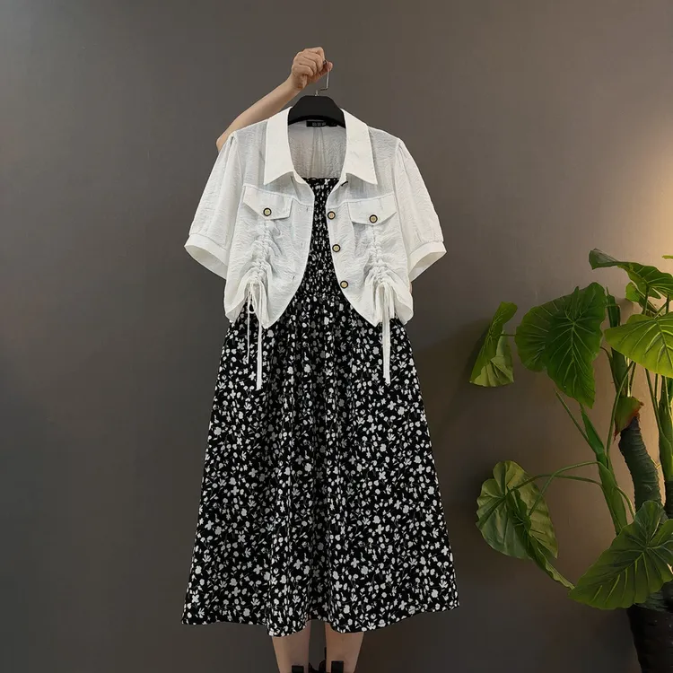 新款韩版时尚休闲短袖上衣外套碎花高腰显瘦吊带裙两件套