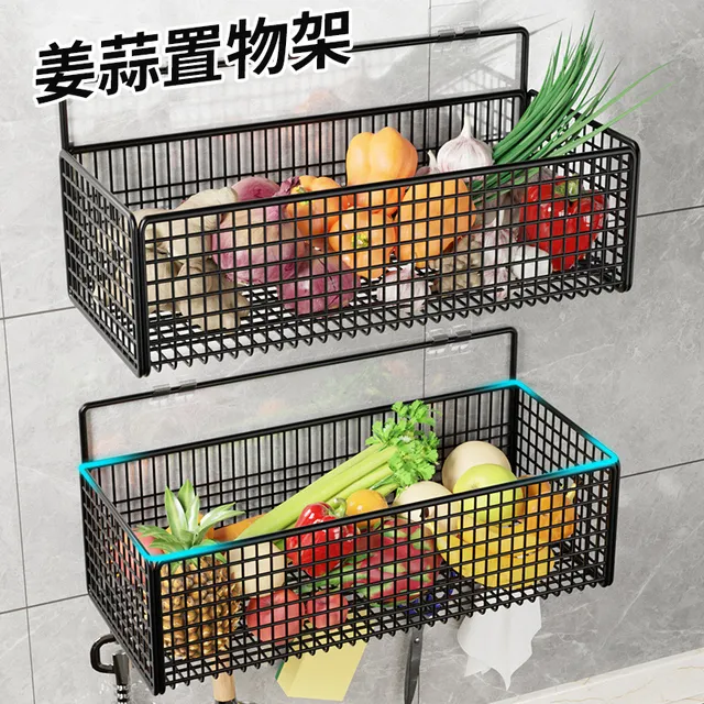 厨房葱姜蒜收纳置物架子壁挂免打孔墙上菜篮各种神器用品家用大