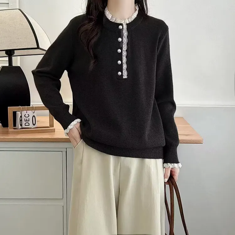 柯妍大码女装洋气减龄显瘦花边圆领针织衫秋冬新宽松百搭藏肉毛衣