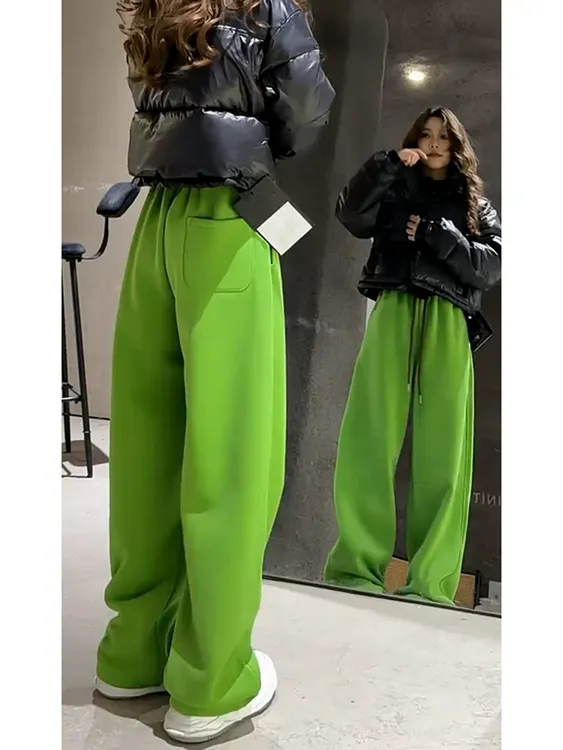 超火小个子梨形身材棉服宽松bf慵懒风高腰显瘦绿色休闲卫裤女秋季