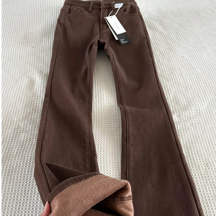 秋冬加绒加厚微喇叭牛仔裤女美式复古咖啡色高腰弹力小个子马蹄裤