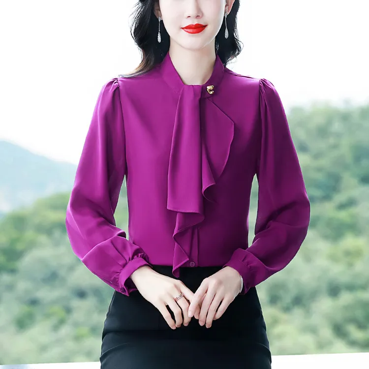 2025春季新款蝴蝶结长袖缎面衫女上衣洋气小衫打底衫衬衫显瘦592
