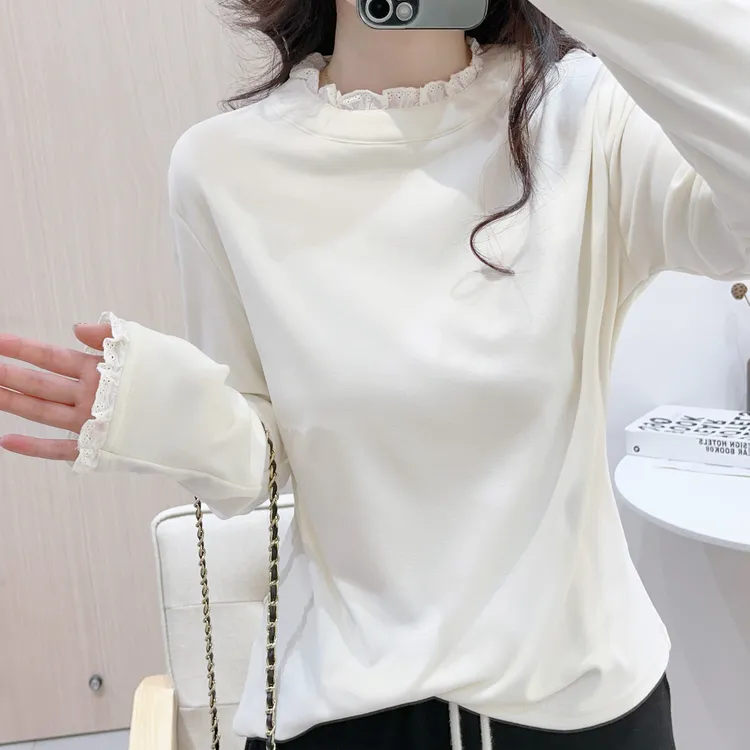 澳绒蕾丝边长袖T恤打底衫女秋冬新款爆款加厚法式半高领内搭上衣