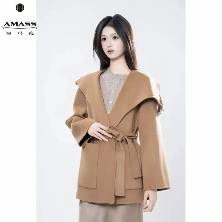 AMASS阿玛施秋冬新款老风气质时尚双面呢时尚羽毛边双面呢外套