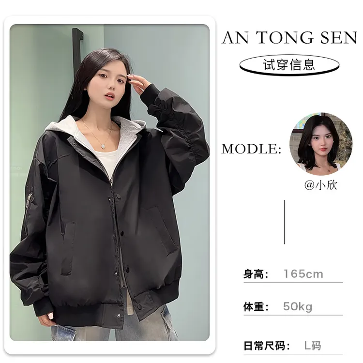 【小欣定制】潮牌小众设计感连帽假两件美式宽松休闲情侣外套8982