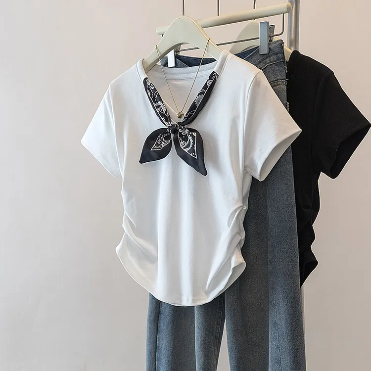 yoewshean/羽媗夏季微胖mm大码法式丝巾v领正肩短袖t恤女显瘦修身