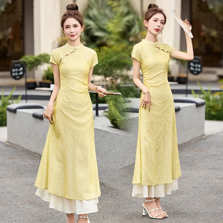 新中式立领改良旗袍连衣裙女2025夏季新款国风复古修身中长款裙子
