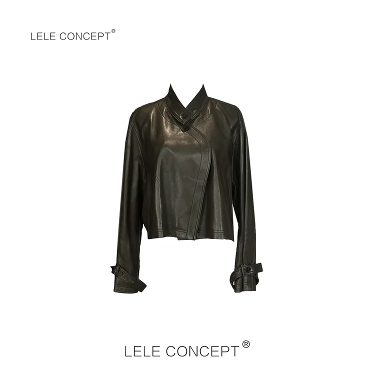 LELE CONCEPT | 【美超】时尚潮流酷飒立领斜身短皮衣P0083