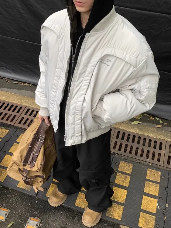 冬季美式解构弧形设计感小众飞行员棉服机车夹克男加厚棒球服棉衣