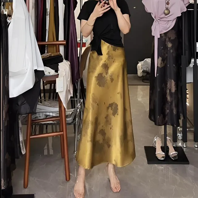 秋季新款碎花气质修身流金缎面扎染新中式国风鱼尾高腰百搭半身裙