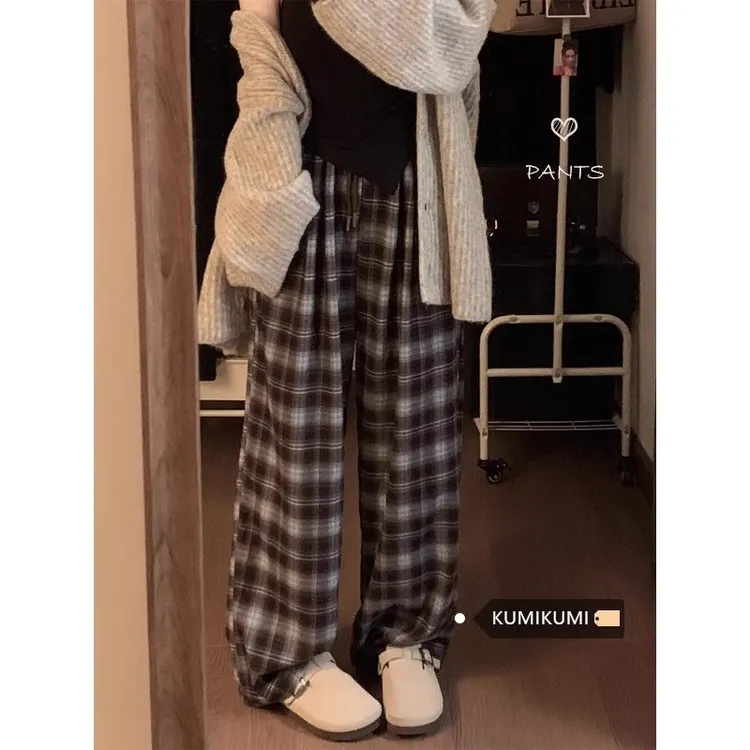慵懒风复古格子休闲裤女秋季大码显瘦松紧腰阔腿裤宽松拖地裤