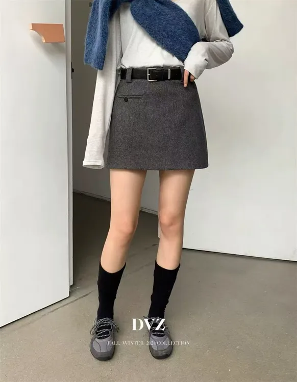【一粒扣极简风a字短裙】高腰百搭显瘦气质时尚呢料带里衬秋冬短裙