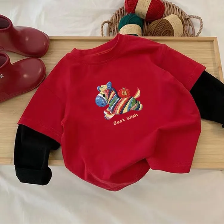 男女童春秋100%纯棉长袖T恤小马印花红色元旦过年衣服洋气假两件