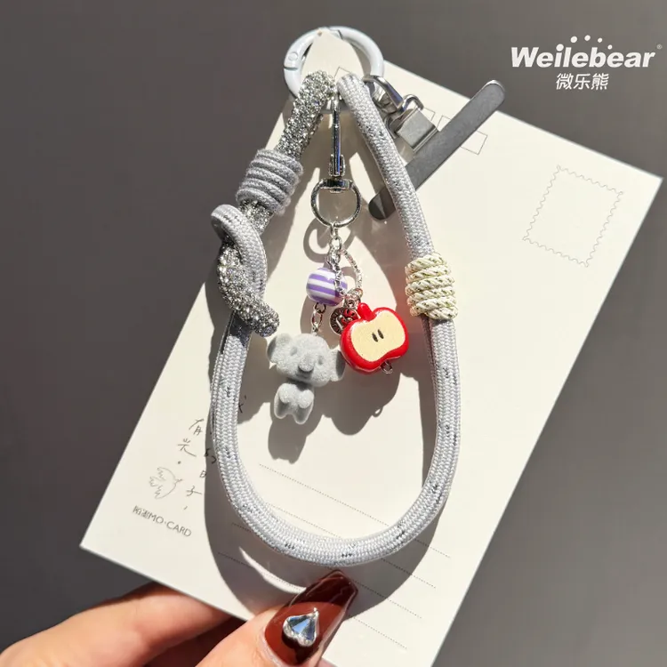 可爱考拉手机挂绳手绳编织灰米色带细闪水钻卡通挂件钥匙挂饰链条