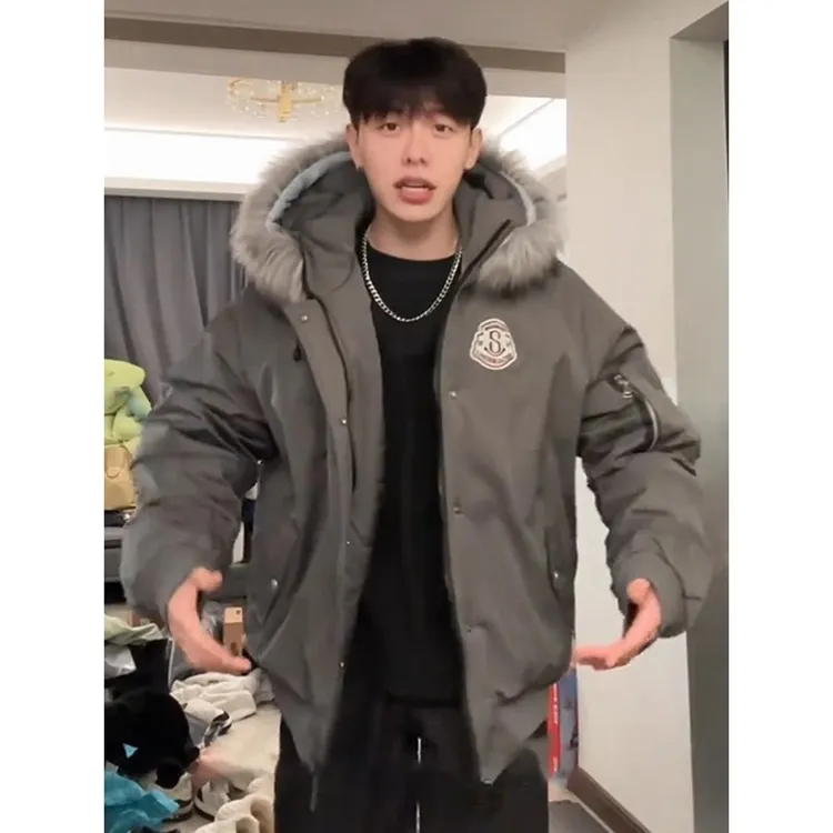 工装连帽派克棉服男款冬季加厚高级感美式情侣装棉衣外套毛领棉袄