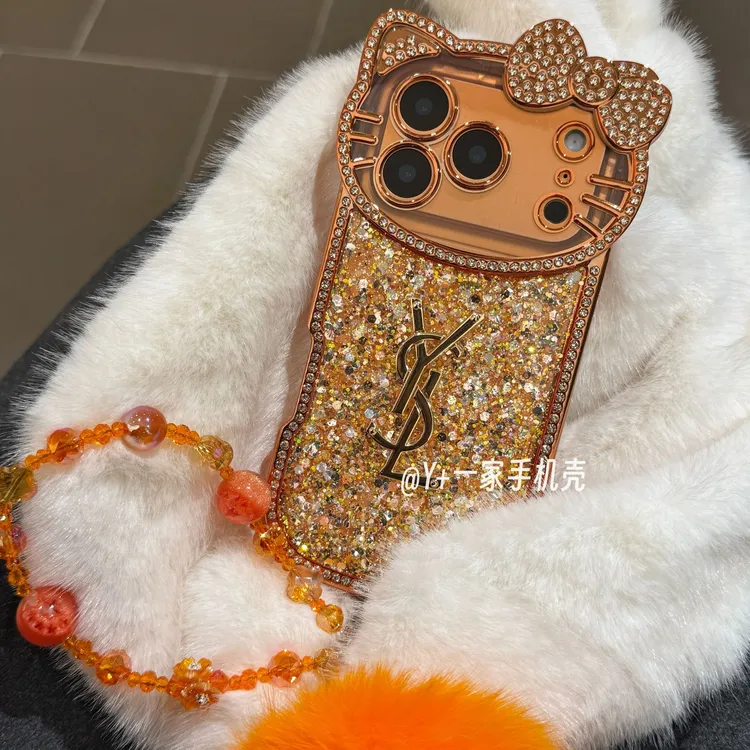 奢华星宇橙镶钻亮片猫咪适用于苹果17promax手机壳16/15/14防摔套