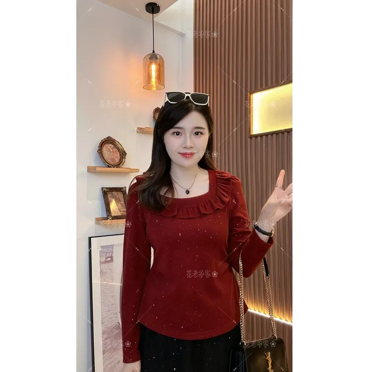 【仅上衣】花老爷微胖大码女装洒金花边领上衣HLY3607