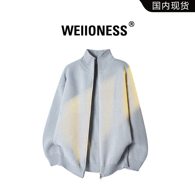 WEIIONESS美式休闲纯色半高领毛衣男秋冬轻奢外套慵懒风潮流男装