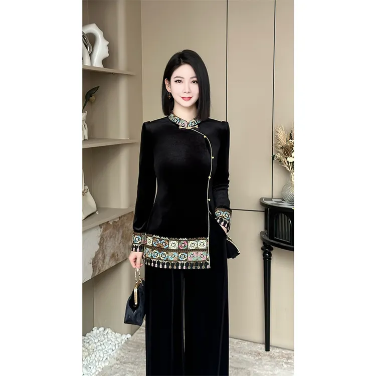 格娜新款2025秋冬气质打底套装民族风丝绒新中式优雅女装两件套