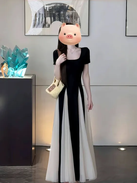 【浪漫魔法家】性感时尚风方领网纱拼接设计感收腰显瘦短袖连衣裙