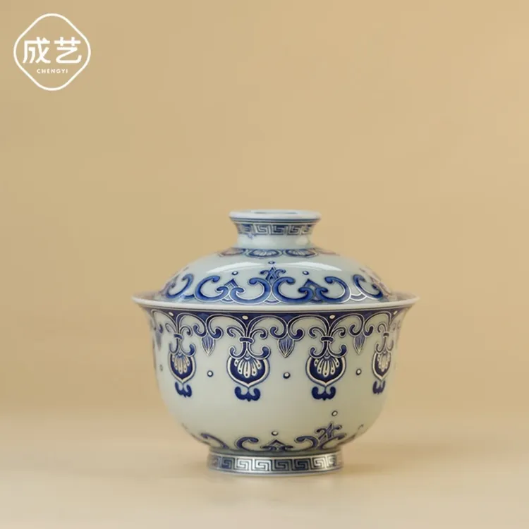 覆银宝相纹三才盖碗缠枝莲青花盖碗陶瓷手工釉下彩岩茶茶具泡茶器