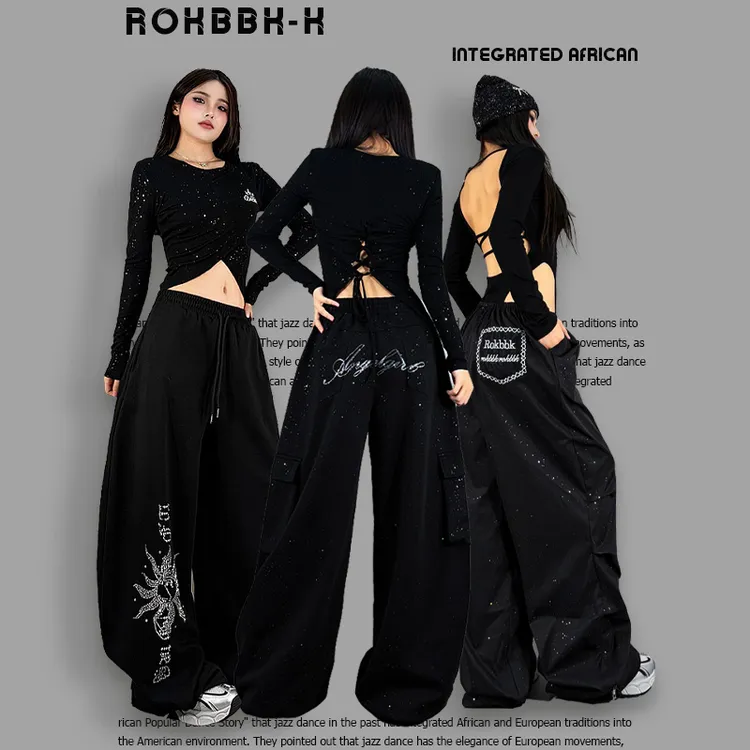 ROKBBK－K/布韩美式嘻哈风黑色宽松阔腿裤女休闲裤