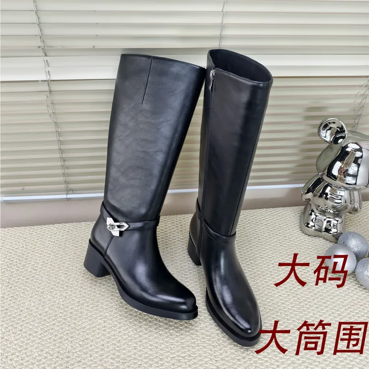 新款粗腿显瘦加大加宽时尚金属扣35-41码高筒靴粗跟骑士长筒女靴