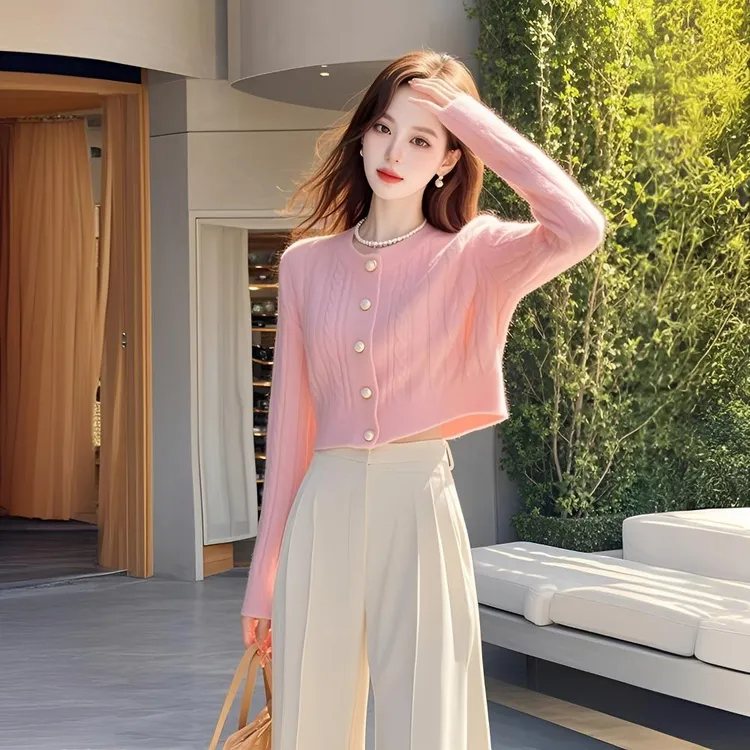 韩系温柔入秋衣服洋气时尚套装秋季减龄短款毛衣针织衫长裤两件套