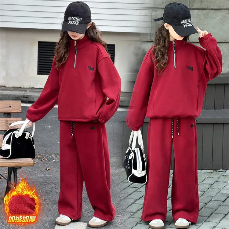 女童加绒套装冬装2026新款本命年12岁女孩衣服儿童卫衣红色拜年服