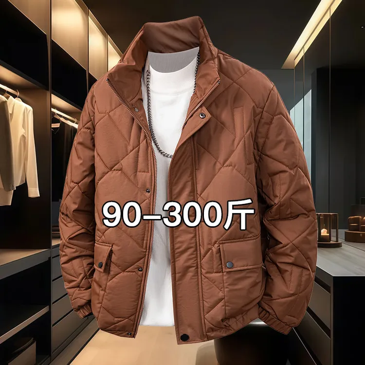 大码菱形格加棉加厚棉衣外套冬季新款半高领保暖棉服夹克轻薄上衣