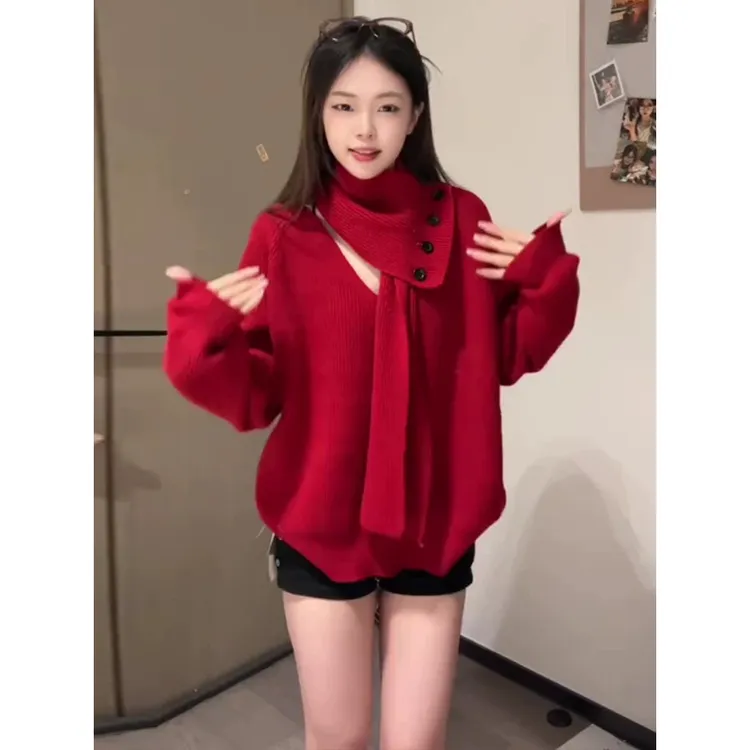圣诞穿搭红色配围巾毛衣女2025新款冬季软糯毛线衣厚毛织上衣慵懒