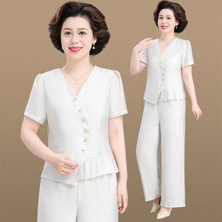 品牌妈妈夏装端庄大气套装今年流行贵夫人女装中老年夏季短袖上衣