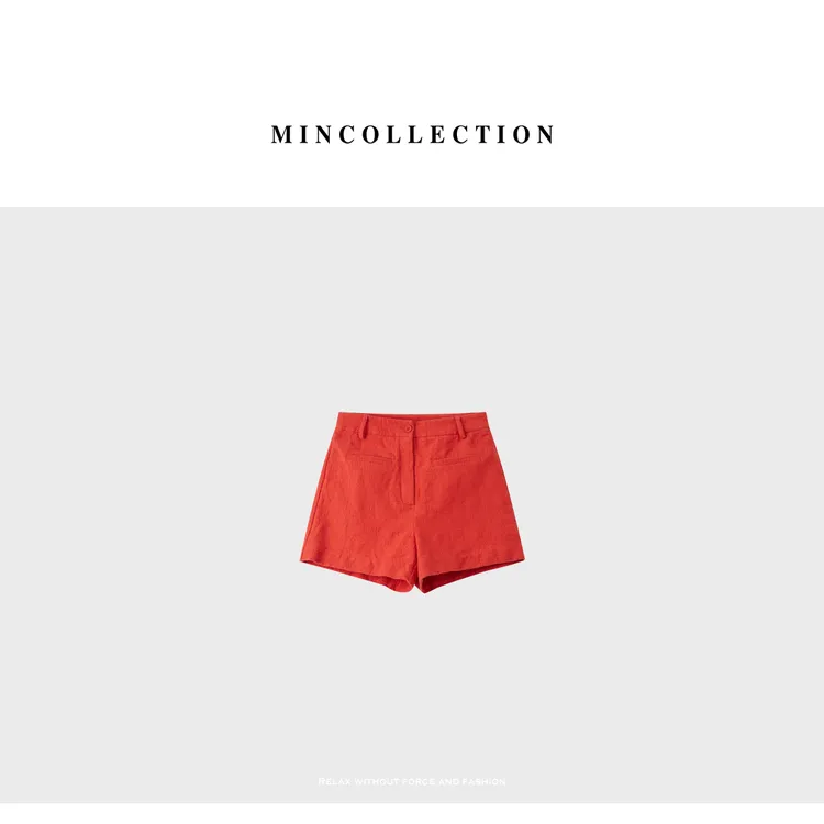 DE Mincollection橘红短裤/定染纹理简约休闲通勤直筒短裤40404