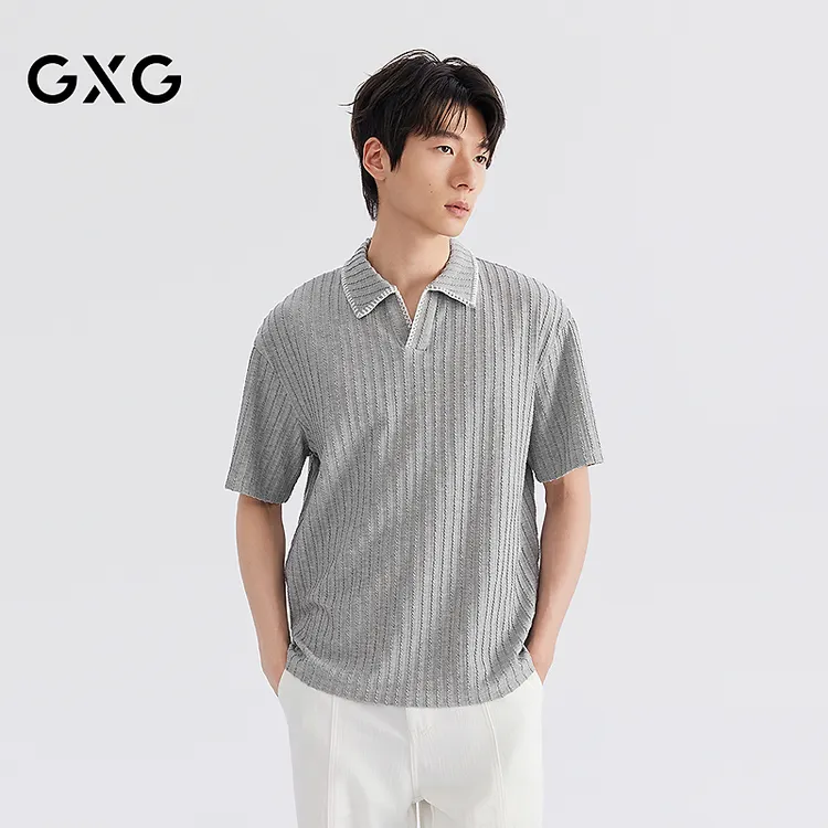 GXG男装 毛织翻领短袖POLO衫男条纹肌理26年夏季新品#G26D242075