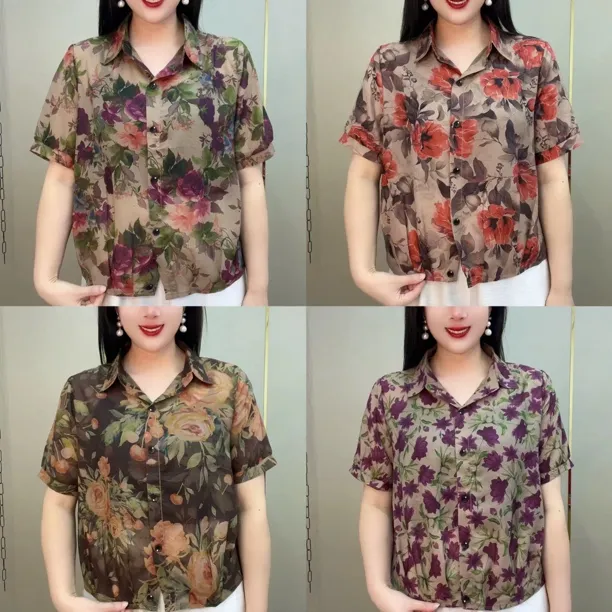 夏季大码翻领百搭宽松显瘦遮肚子印花外穿衬衫妈妈装