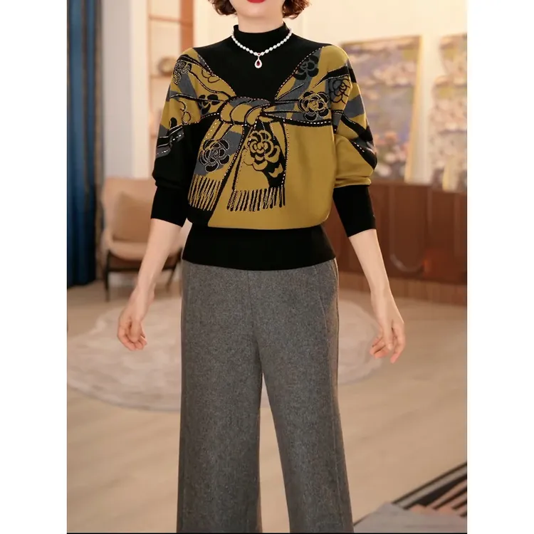 时尚洋气年轻妈妈套装2025冬季新款减龄遮肉蝴蝶结烫钻毛衣+裤子