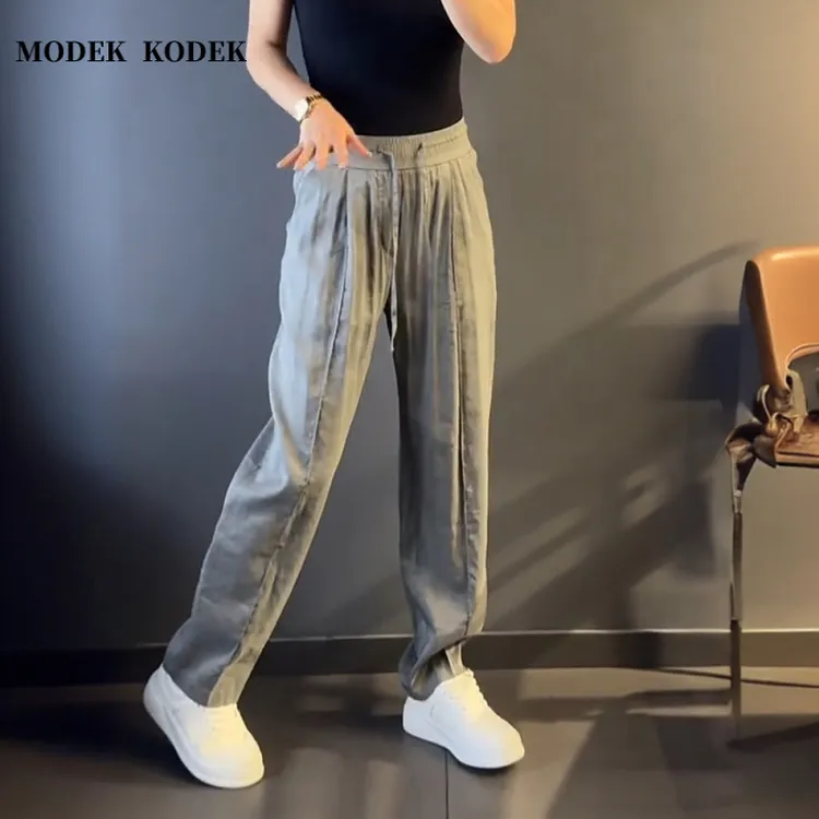 MODEK KODEK高品质亚麻宽松直筒休闲裤男士夏季网红潮流纯色长裤