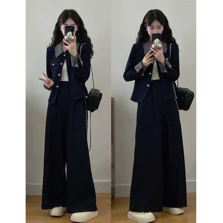 大码女装秋季新款胖mm格子拼接气质显瘦时尚外套+阔腿裤洋气套装