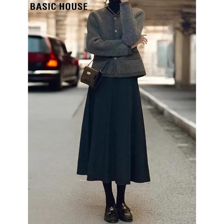 Basic House/百家好法式A字毛呢半身裙女秋季高腰中长款西装伞裙