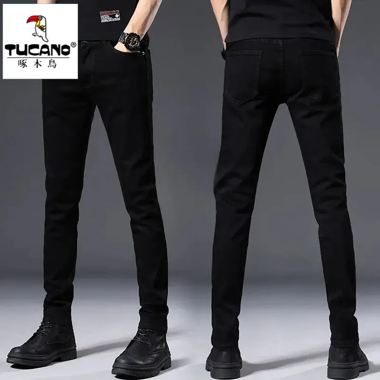 啄木鸟春季新款黑色牛仔裤男士修身小脚弹力休闲百搭显瘦长裤子男