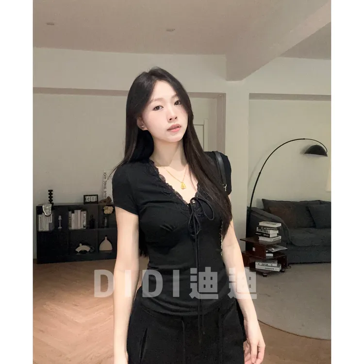 【DIDI】法式蕾丝拼接领系带T恤辣妹性感修身显瘦百搭纯欲上衣