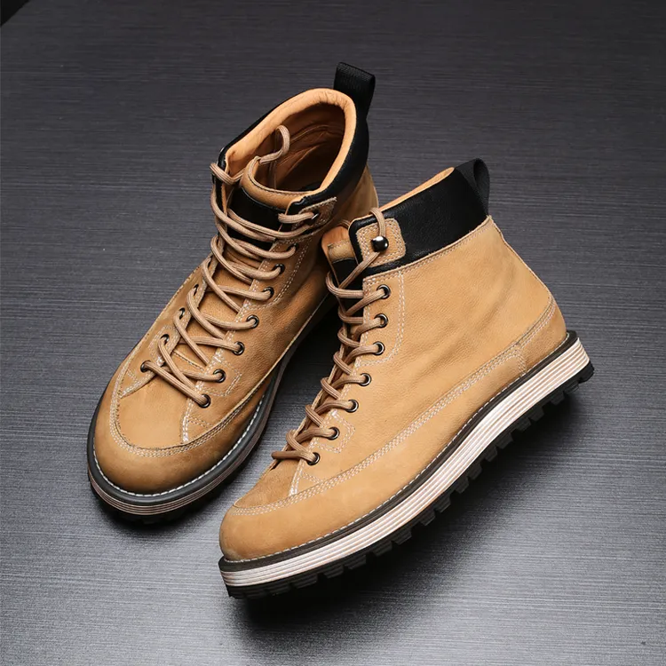 男士真皮马丁靴冬季时尚圆头工装鞋高帮系带户外登山鞋潮加绒靴子