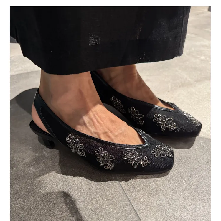 COCOLINDA| 网面穿珠4cm后空方根包头凉鞋X5014