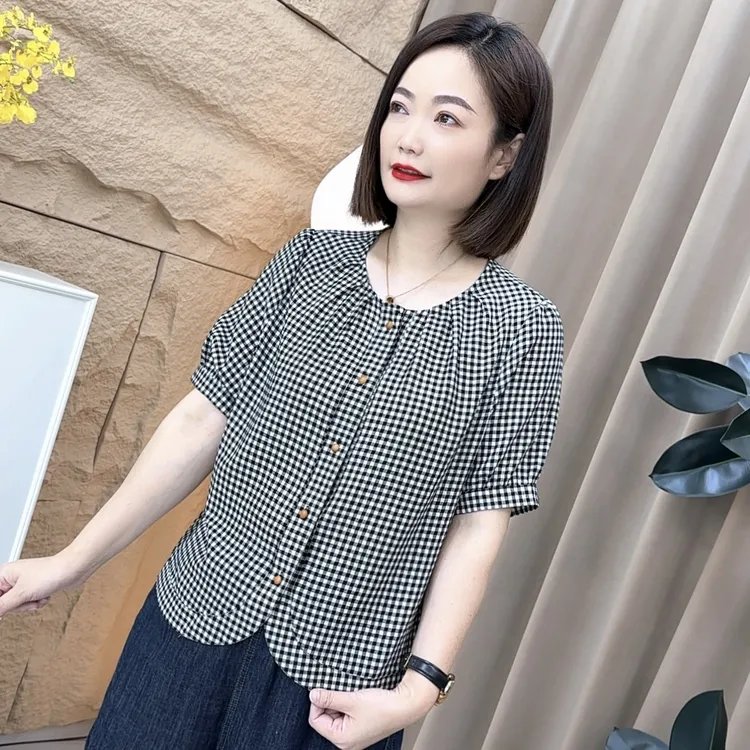 夏季新款爆款薄款凉爽潮流宽松百搭女士休闲格子上衣衬衫WL9958